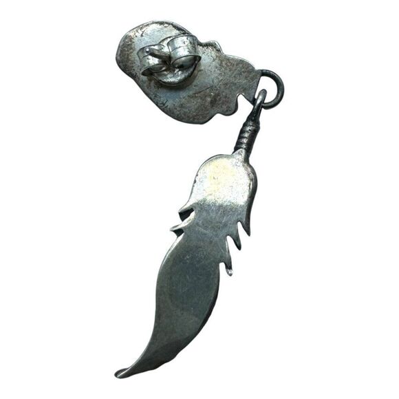 Vintage Navajo Sterling Silver Feather Drop Earrings With Turquoise & Coral - Picture 3 of 5